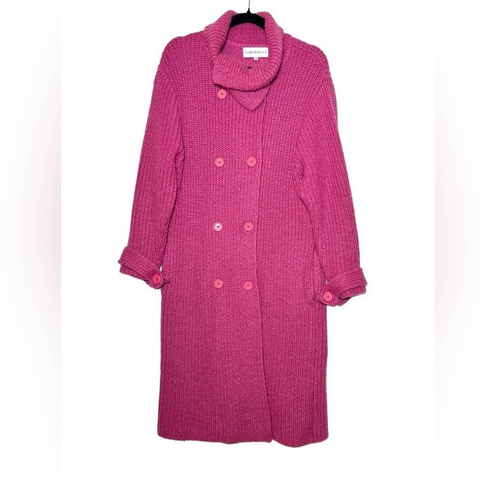Together Hot Pink Chunky Knit Double-Breasted Long Cardigan with Wool, Small
